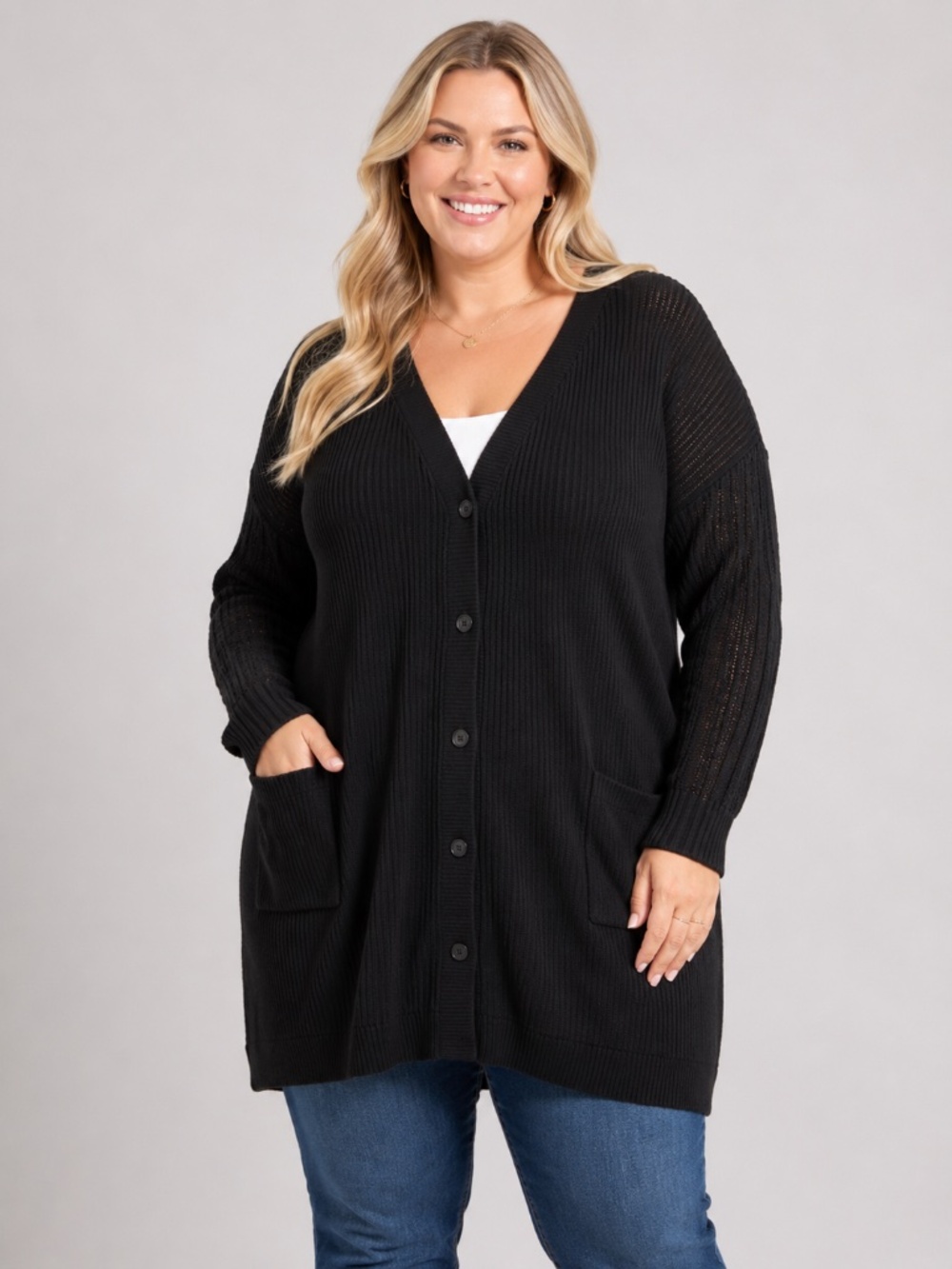Lane Bryant 26/28 Black Ribbed Cable Open Knit Sleeves Cardigan Sweater -Buttons